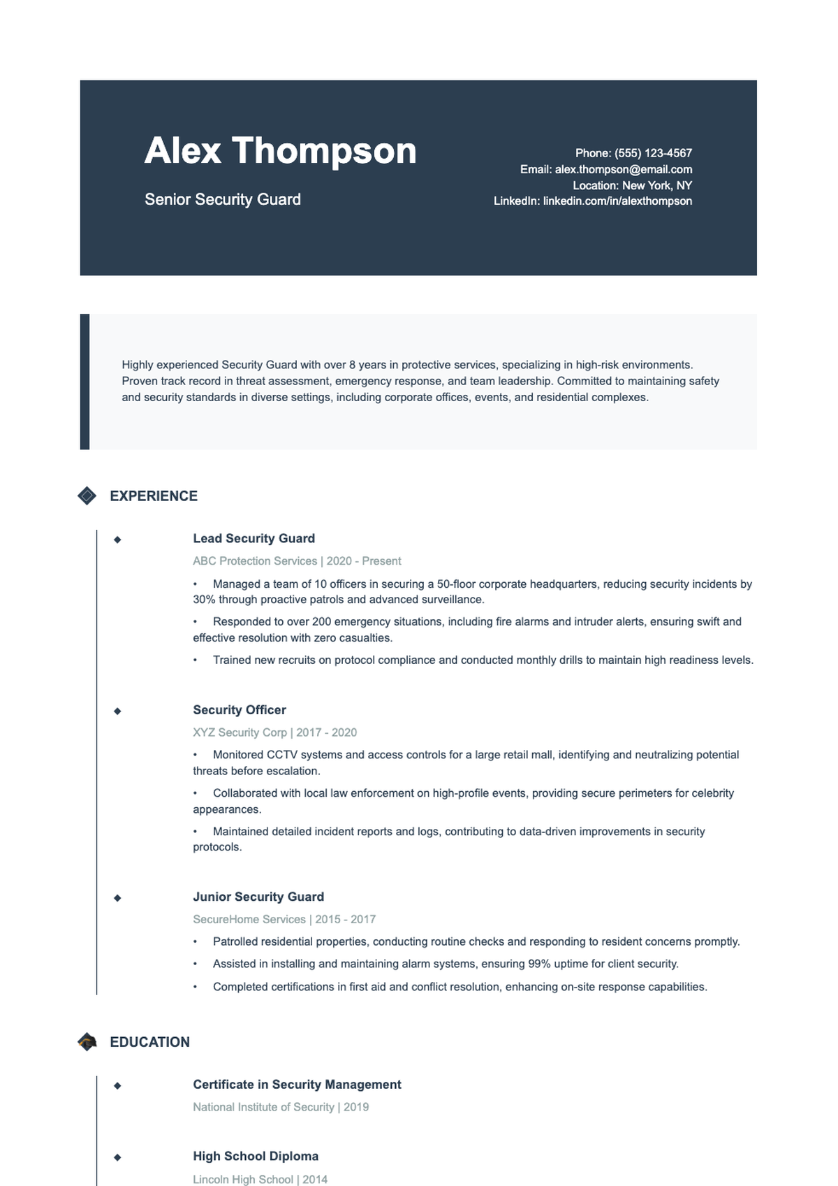 Professional security guard resume with skills ratings and experience timeline_variant_1